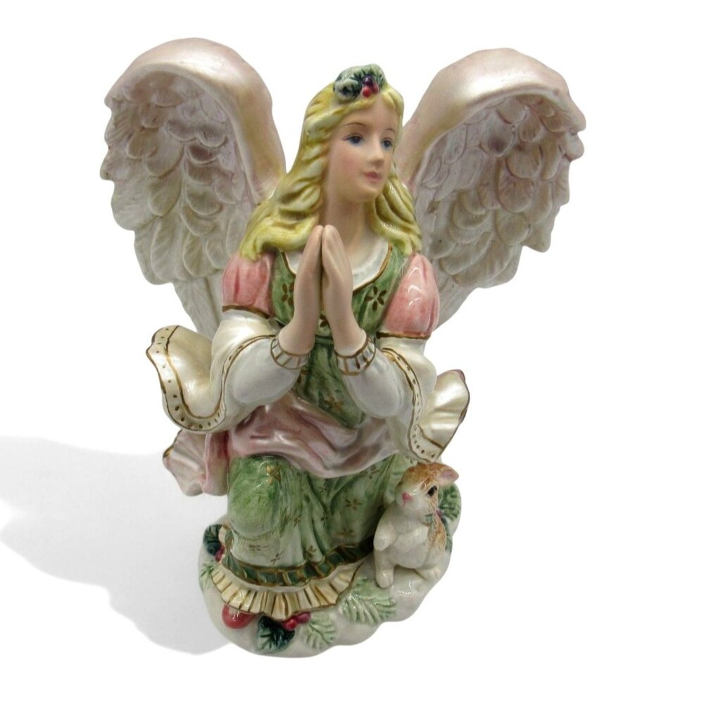 FITZ & FLOYD Classics Peaceable Kingdom Kneeling Angel Figurine With Rabbit 8"
